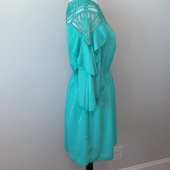 Si Style Turquoise Crochet Ruffle Sleeve Mini Dress Medium - Picture 5 of 9